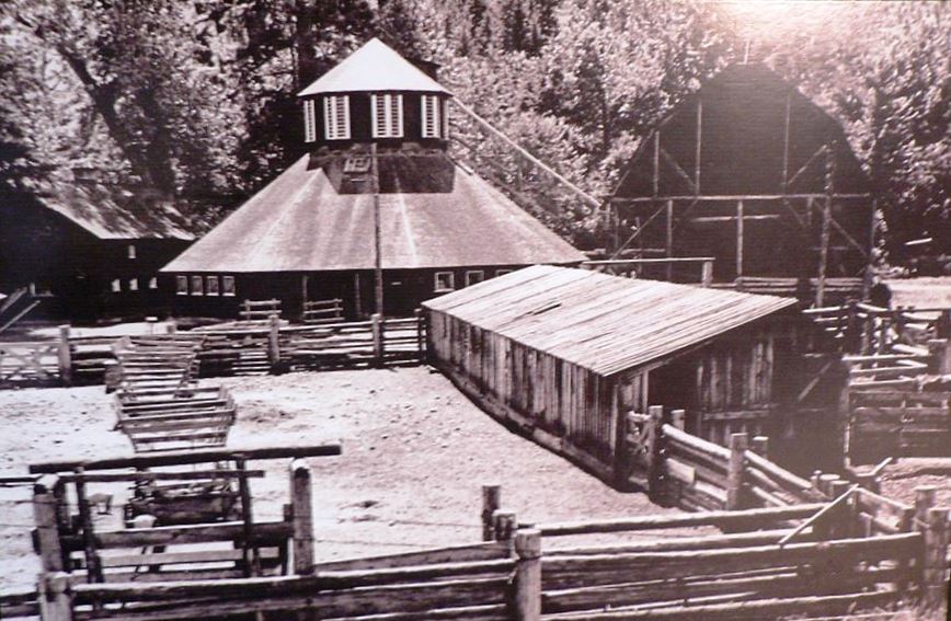 Photo sépia montrant deux étables, des dépendances, un abri à bétail et un corral clôturé.