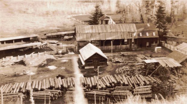 Photo aérienne sépia de deux édifices de bois avec un tas de billes de bois.