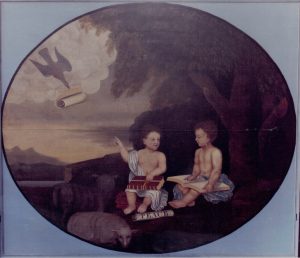 Peinture représentant deux enfants lisant des livres dans une forêt. Ils sont accompagnés de deux agneaux et reçoivent un message divin apporté par une colombe. 