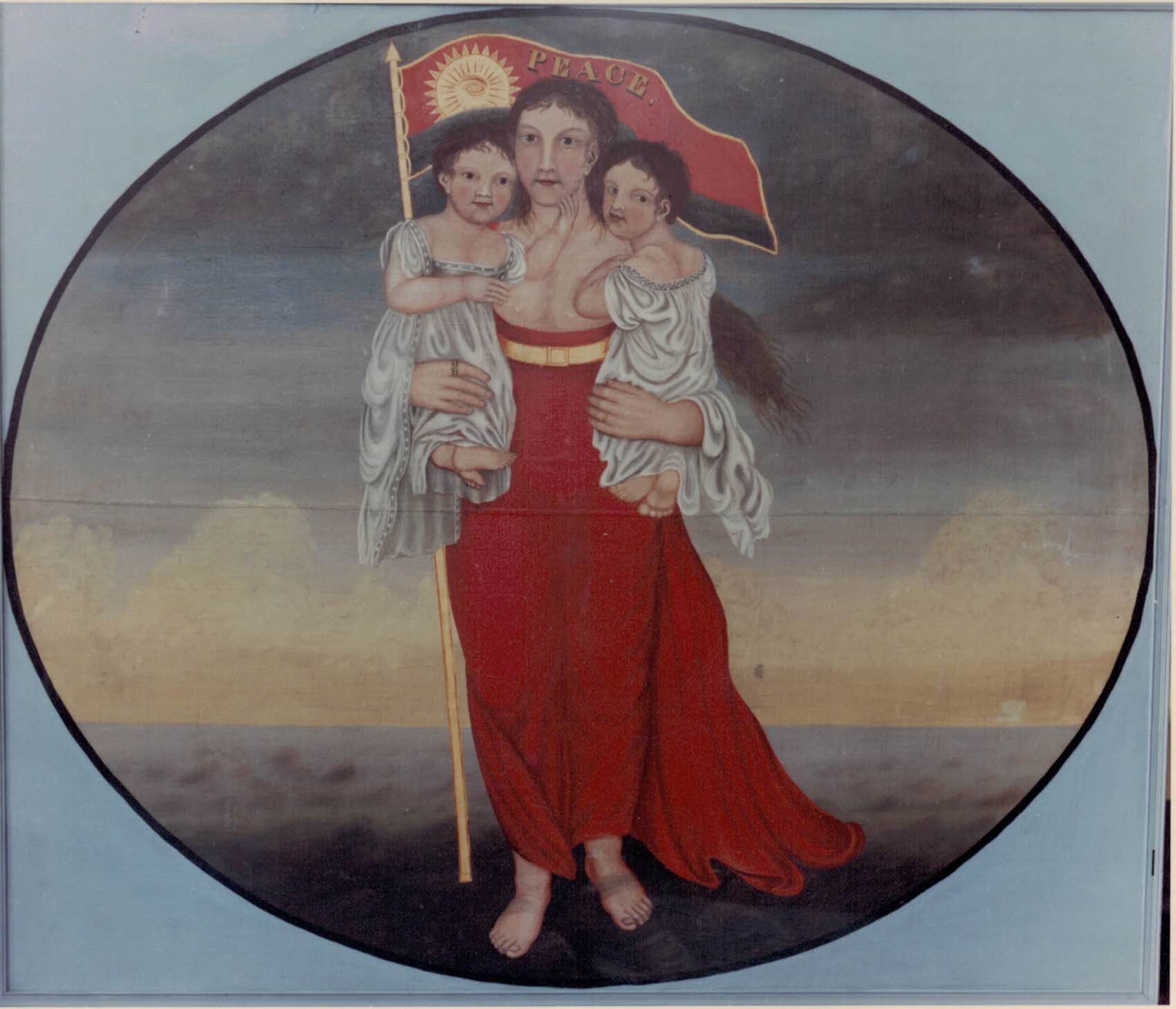 Peinture représentant une femme habillée de rouge qui porte deux enfants dans ses bras ainsi qu’un drapeau sur lequel on peut lire le mot « Paix ». 