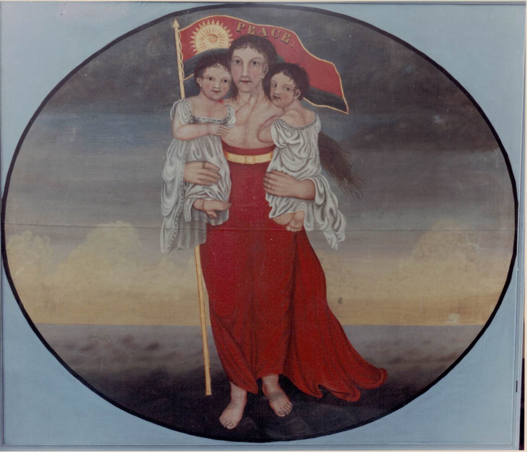 Peinture représentant une femme habillée de rouge qui porte deux enfants dans ses bras ainsi qu’un drapeau sur lequel on peut lire le mot « Paix ».