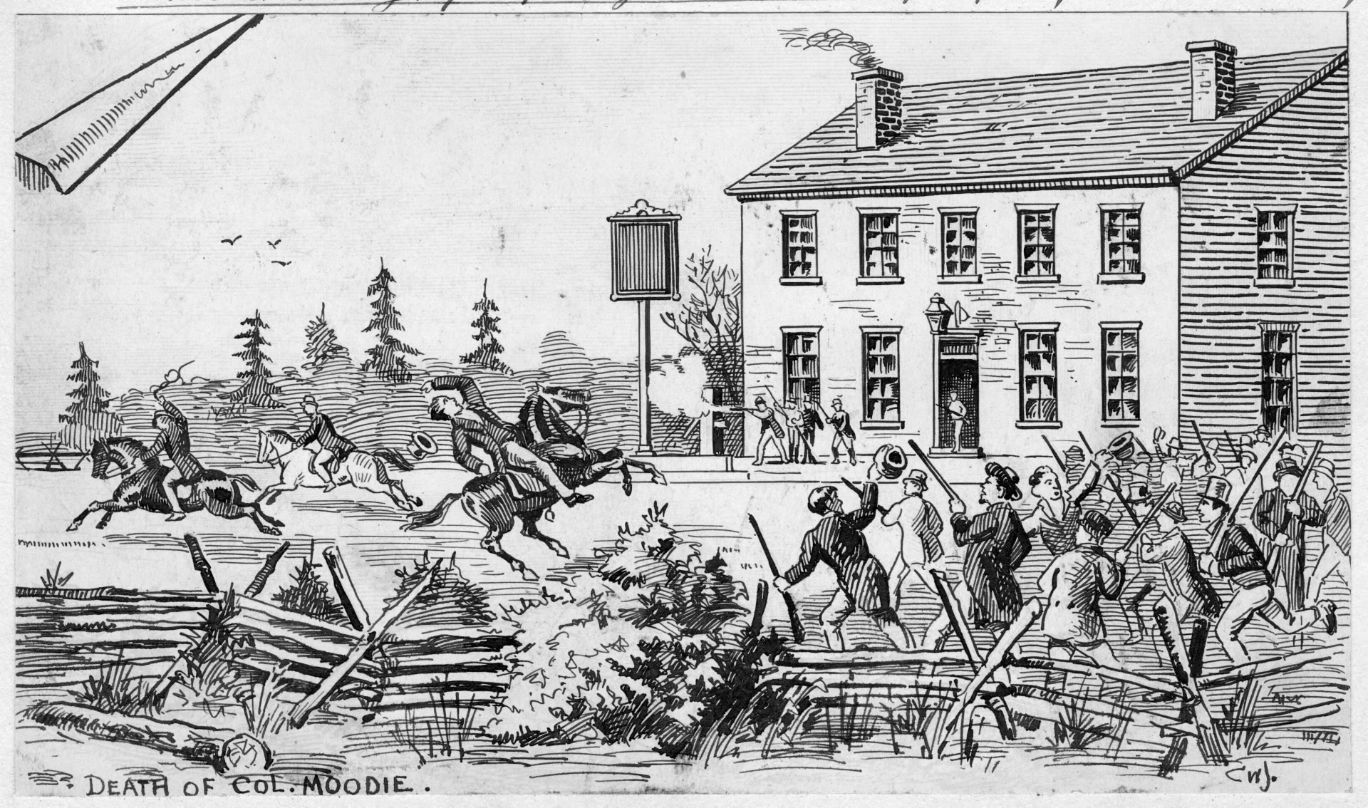 Illustration en noir et blanc de la bataille de la taverne Montgomery montrant la mort par balle du colonel Robert Moodie. 
