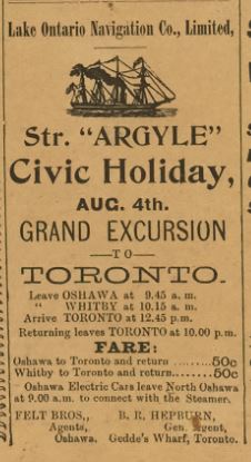  Annonce dans un journal placée par la Lake Ontario Navigation Co. Limited, indiquant l'horaire du congé civique pour le Steamer Arglye.