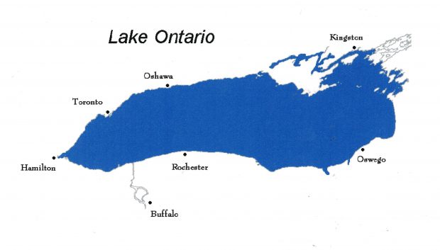 Carte en couleur dessinée à la main du lac Ontario indiquant l'emplacement des ports.