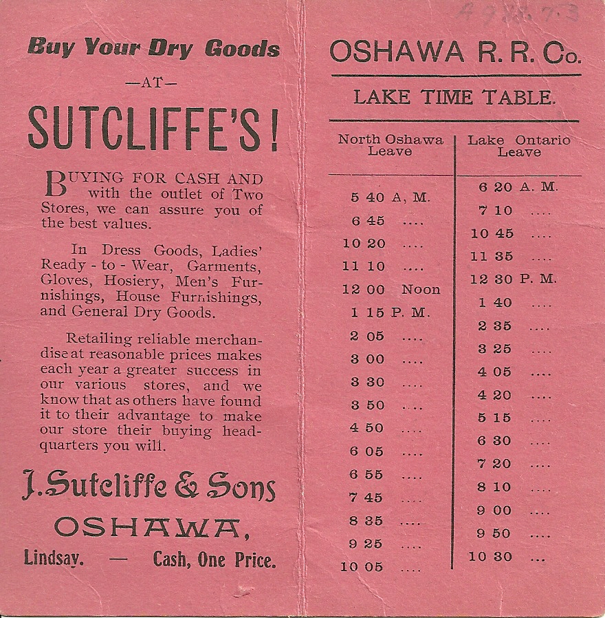 Horaire rose détaillant les heures auxquelles le chemin de fer quitte North Oshawa et le lac.