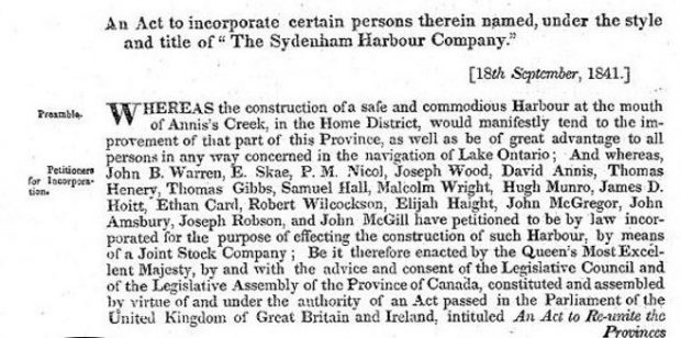 Libellé de la loi constituant en corporation quelques-unes des personnes désignées dans les présentes, au titre de « The Sydenham Harbour Company ».