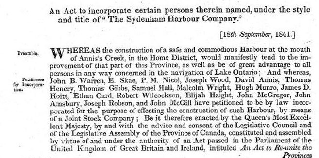 Libellé de la loi constituant en corporation quelques-unes des personnes désignées dans les présentes, au titre de « The Sydenham Harbour Company ».