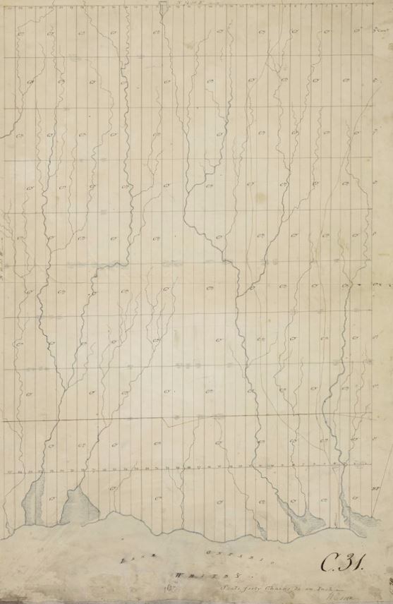 Un ancien relevé du canton de Whitby dessiné à la main. Les lignes verticales séparent les terres en rectangles ou en lots.