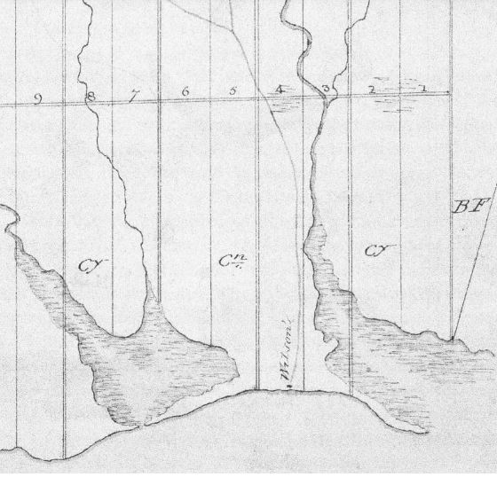 Relevé en noir et blanc dessiné à la main avec des lignes verticales qui séparent les terres en rectangles représentant des lots.  Les zones ombragées indiquent l’emplacement de l’eau et des ruisseaux.
