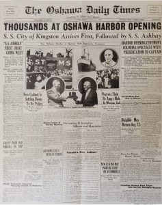 Première de couverture de l’Oshawa Daily Times annonçant la réouverture du port d’Oshawa.