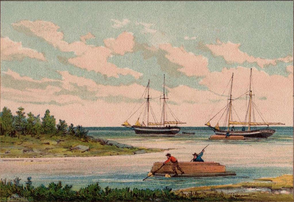 Peinture en couleur de deux goélettes sur l’eau. Il y a la partie d’une île à gauche, et deux hommes sur un radeau avec de longues planches de bois au premier plan.  