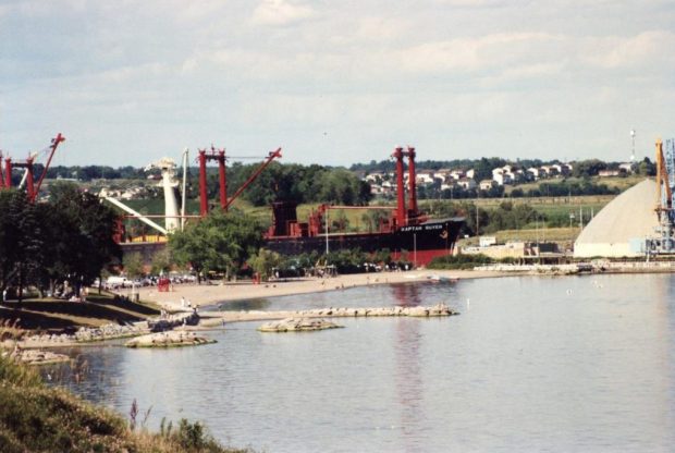 Photographie couleur d'une plage avec quelques arbres et un grand navire amarré au port d'Oshawa derrière.