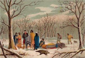 La peinture en couleur avec huit personnages de neige recouvre le sol et les arbres. Certaines personnes portent des fusils, d'autres des couvertures, des fourrures. Il y a deux toboggans transportant des objets non identifiables.