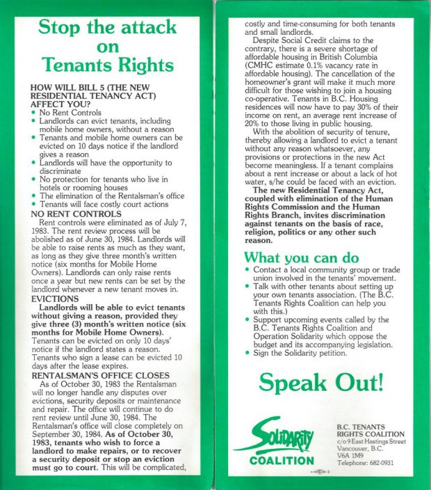 Le prospectus vert et blanc s’intitule « Arrêtez les attaques sur les droits des locataires ». Il y a des sous-titres comme « Comment le projet de loi n° 5 vous affectera-t-il? », « Ce que vous pouvez faire » et « Prenez la parole ». Le logo de la Solidarity Coalition est en bas. 