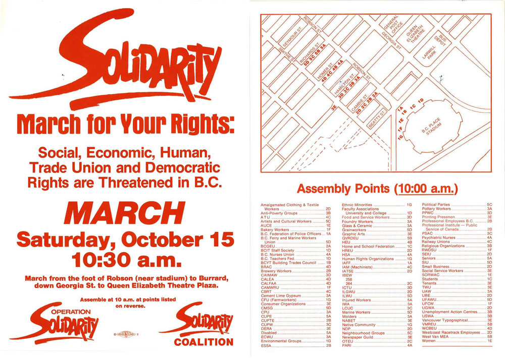 Un dépliant intitulé « Marchez pour vos droits avec Solidarity », avec les logos d’Operation Solidarity et de la Solidarity Coalition. Une carte du centre-ville de Vancouver énumère les points de rassemblement de près de 100 différentes organisations.