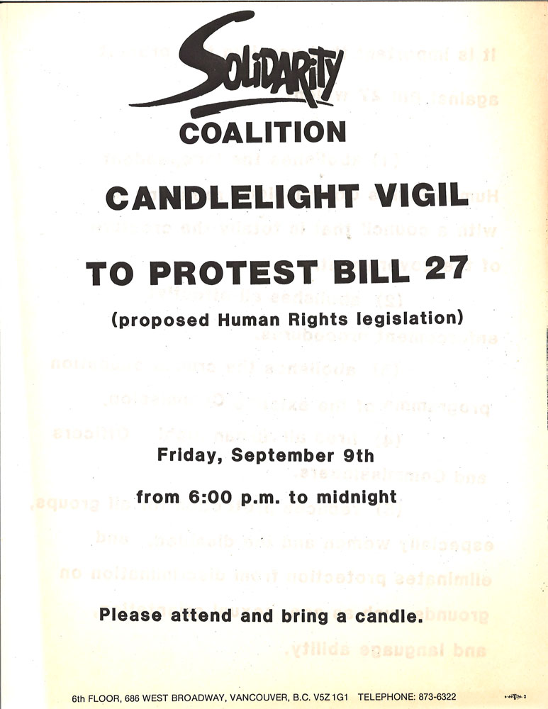 Une affiche faisant la promotion d'une veillée aux chandelles pour protester contre le projet de loi 27 est ornée du logo de la Solidarity Coalition.