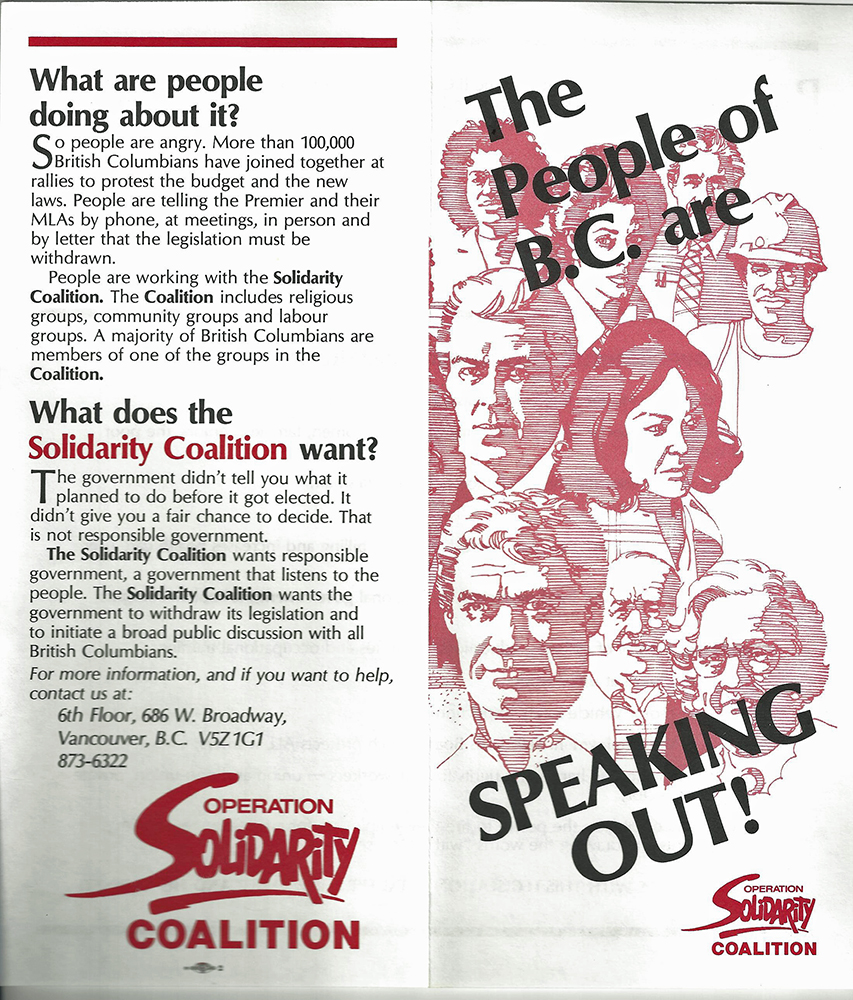 Un dépliant rouge et blanc avec des illustrations de personnes à l’avant s’intitule « Les habitants de la C.-B. PRENNENT LA PAROLE! » Les sous-titres sont « Que fait la population à ce sujet? » et « Que veut la Solidarity Coalition? » Le logo d’Operation Solidarity figure sur le dépliant. 