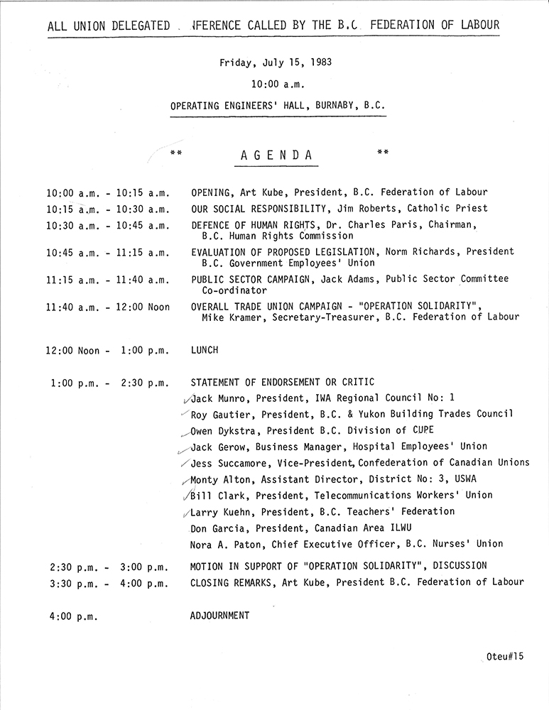 Un ordre du jour tapé à la machine à écrire de la réunion du 15 juillet 1983 avec une liste des noms et des organisations s’exprimant à la  réunion. 