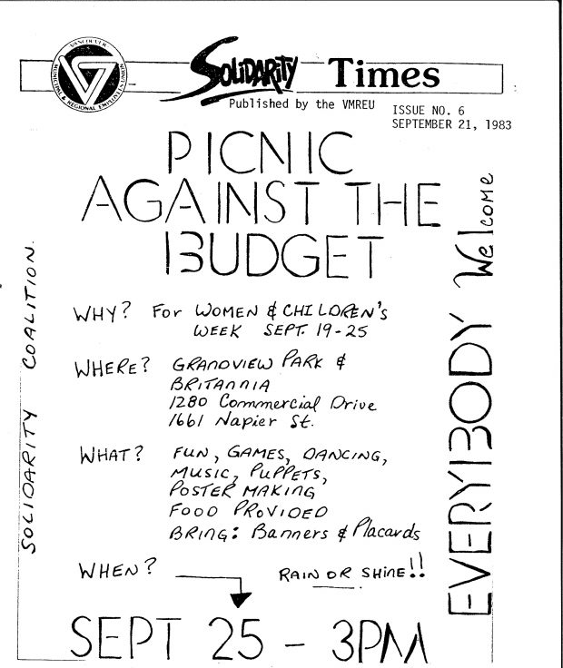 Une page manuscrite avec les logos de Solidarity Times et de la Vancouver Municipal and Regional Employees Union (Syndicat des employés municipaux et régionaux de Vancouver) est intitulée « Pique-nique contre le budget », le 25 septembre à 15 h, Grandview Park et Britannia. Ouvert à tous.