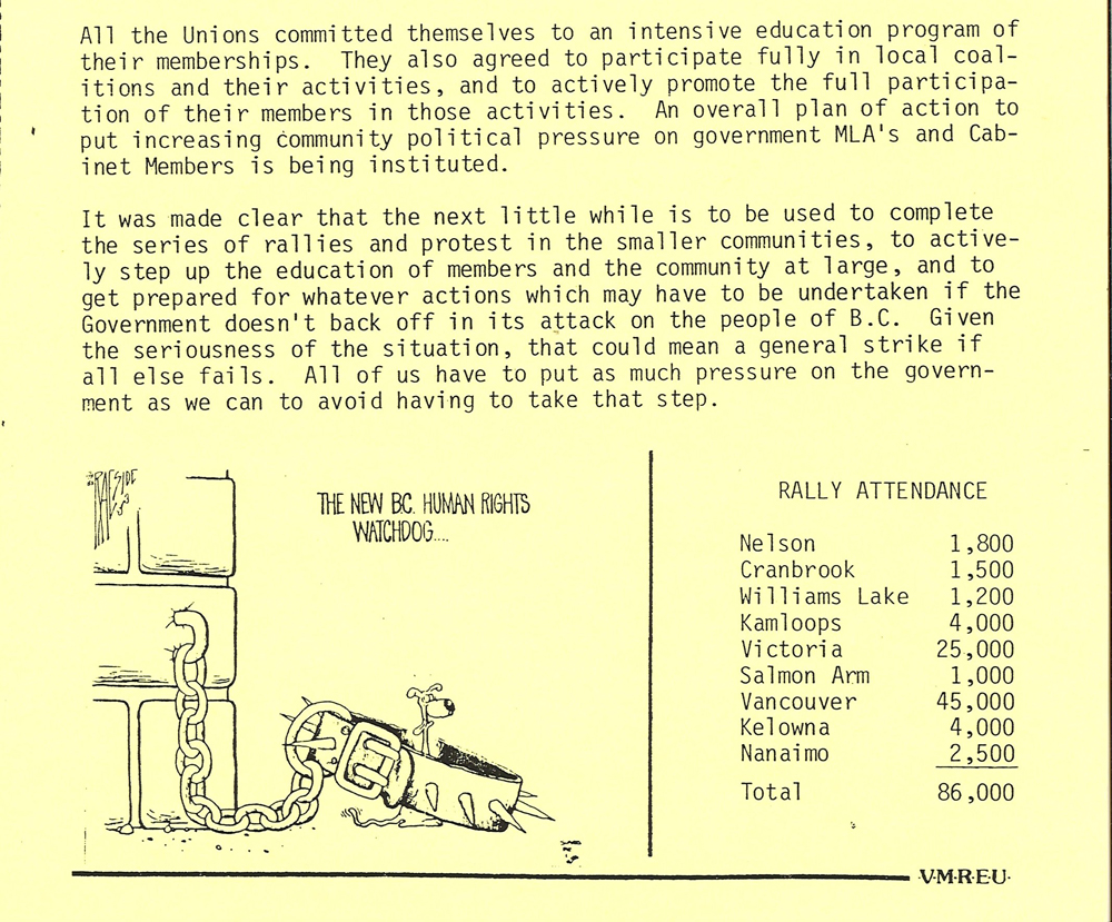 Une page tapée à la machine à écrire explique le but des rassemblements de Solidarity et liste le nombre de participants aux rassemblements dans les collectivités comme Nelson (1 800), Salmon Arm (1 000) and Kelowna (4 000) 