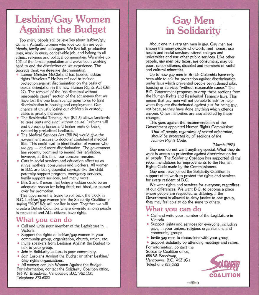 Un dépliant violet et blanc se lit comme suit : « Femmes homosexuelles contre le budget », « Hommes homosexuels solidaires »,  et présente le logo de la Solidarity Coalition. 