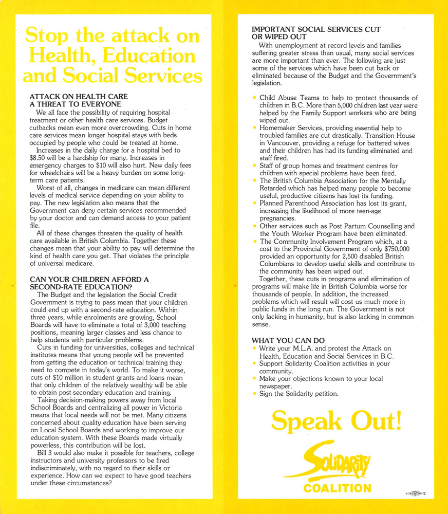 Un dépliant jaune et blanc de la Solidarity Coalition se lit comme suit : « Empêchez l’attaque contre la santé, l’éducation et les services sociaux — Prenez la parole! » 