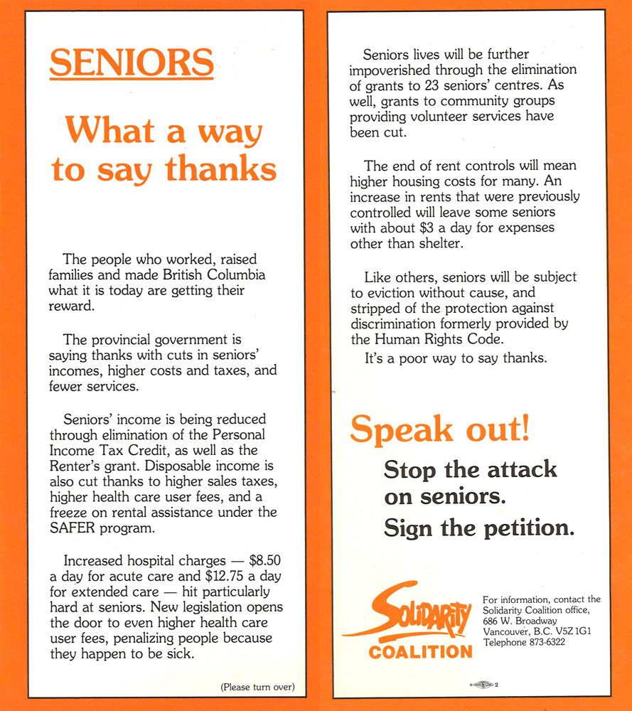 Dans un dépliant orange et blanc, on peut lire « Les aînés, quelle façon de les remercier » et « Prenez la parole! Empêchez les attaques contre les aînés. » « Signez la pétition » et le logo de la Solidarity Coalition est affiché. 