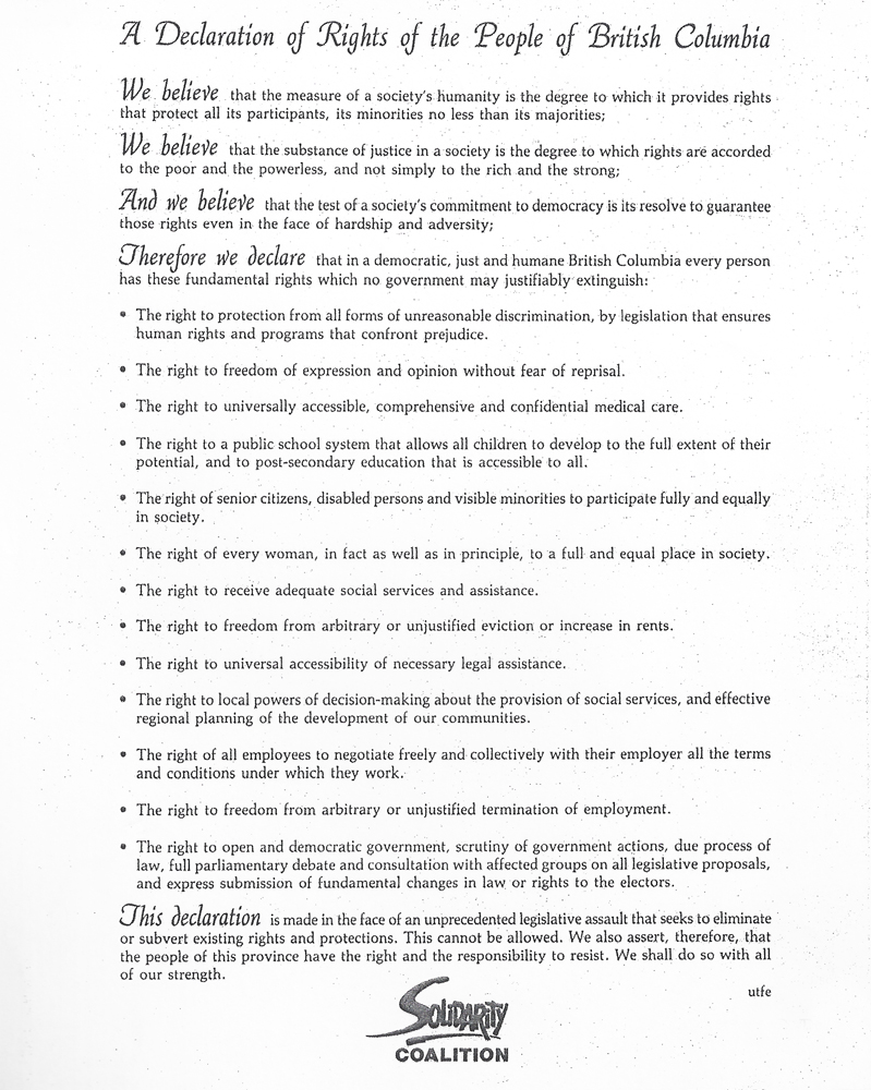 Une page est intitulée « Une déclaration des droits des habitants de la Colombie-Britannique » et comprend le logo de la Solidarity Coalition. 