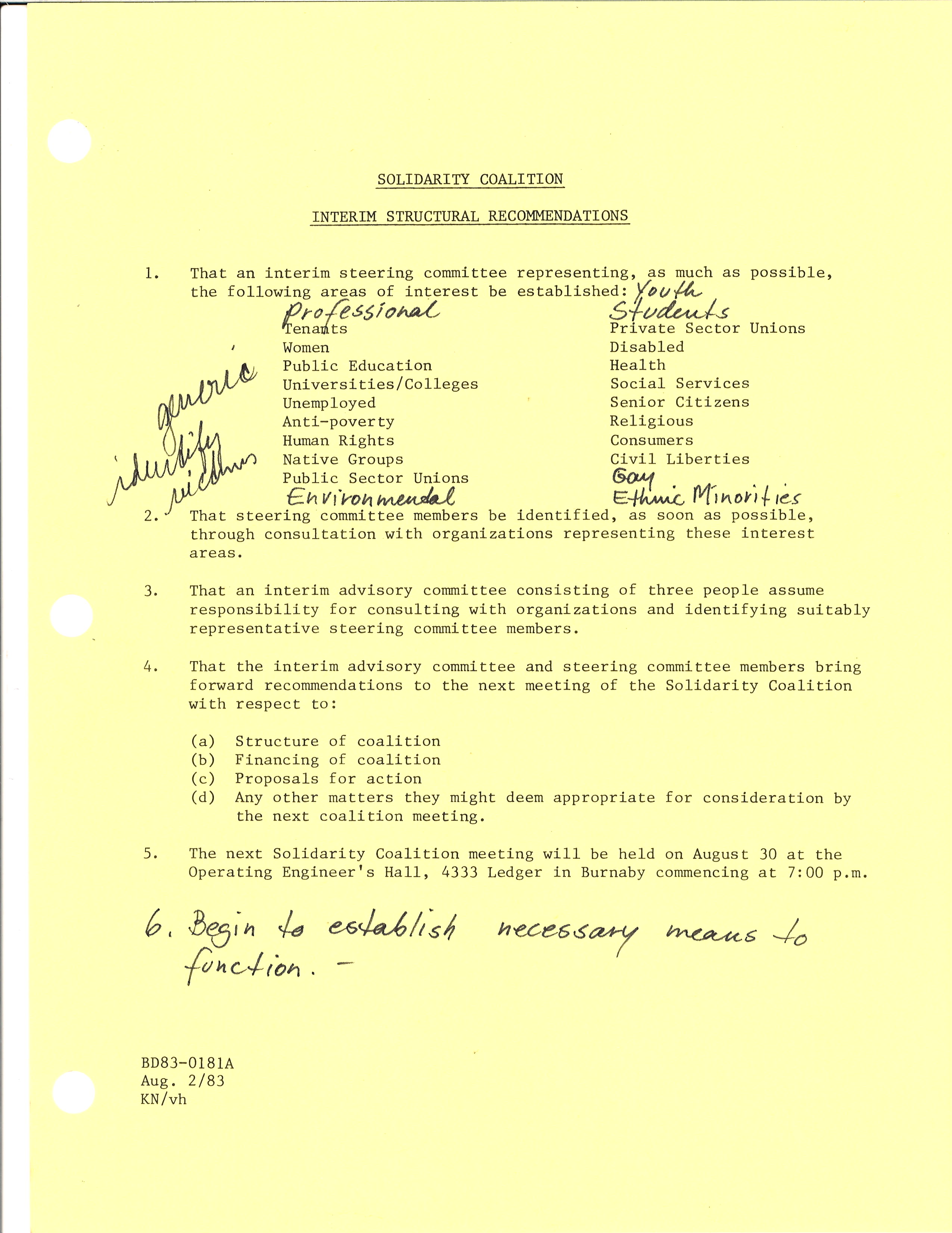 Une feuille dactylographiée avec des notes manuscrites est datée du 2 août 1983 et est intitulée « Les recommandations structurelles provisoires de la Solidarity Coalition ». 