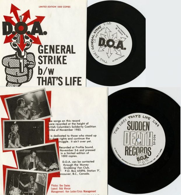 Le recto et le verso d'un disque. Le recto porte le titre General Strike et le nom du groupe D.O.A, tandis que le verso est dédié à ceux qui ont défendu leurs droits.