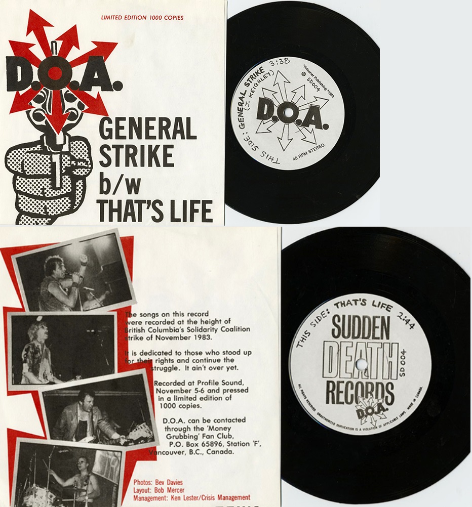Le recto et le verso d'un disque. Le recto porte le titre "General Strike" et le nom du groupe "D.O.A", tandis que le verso est dédié à "ceux qui ont défendu leurs droits".
