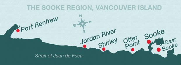 Image représentant une carte de la côte sud-ouest de l’île de Vancouver, où l’on voit la région de Sooke à partir de Port Renfrew jusqu’à East Sooke; différentes localités y sont marquées par des points rouges le long de la côte.