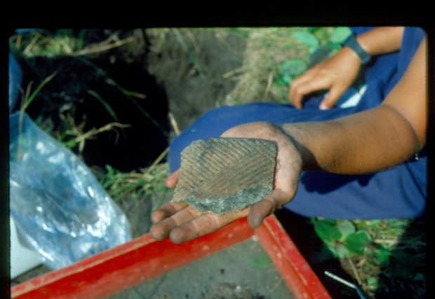 Grand fragment de poterie, dans la main d’une personne, avec un tamis au premier plan et une petite fosse en arrière-plan.