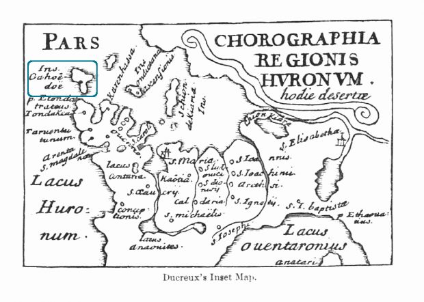 Carte d’Huronia situant l’Île aux Chrétriens, avec un cadre bleu indiquant “Gahoendoe”.