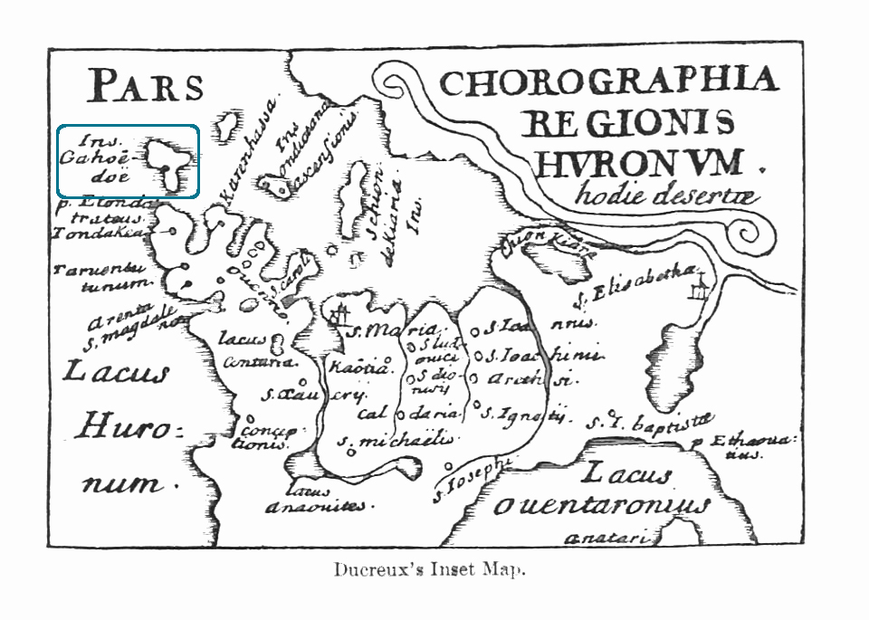 Carte d’Huronia situant l’Île aux Chrétriens, avec un cadre bleu indiquant “Gahoendoe”.