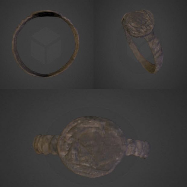  Trois captures d’écran d’une vidéo 3D montrant les différentes faces de la bague jésuite.