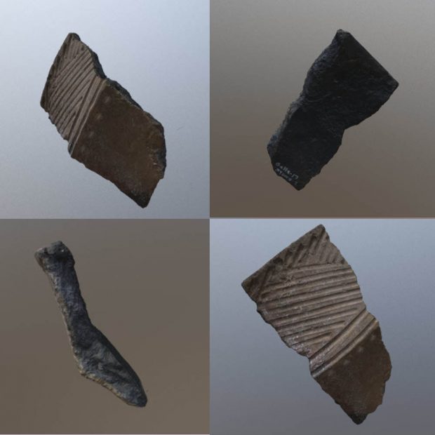 Quatre vues de la modélisation 3D d’un fragment de poterie scanné montrant toutes ses faces. 