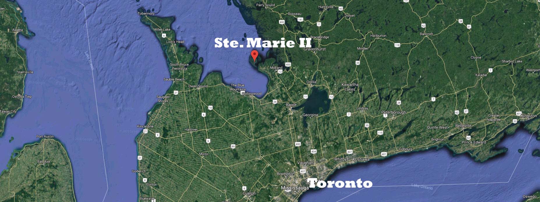 Carte du Sud de l’Ontario, en couleurs, avec les noms de Ste Marie II et Toronto inscrits en lettres blanches. 