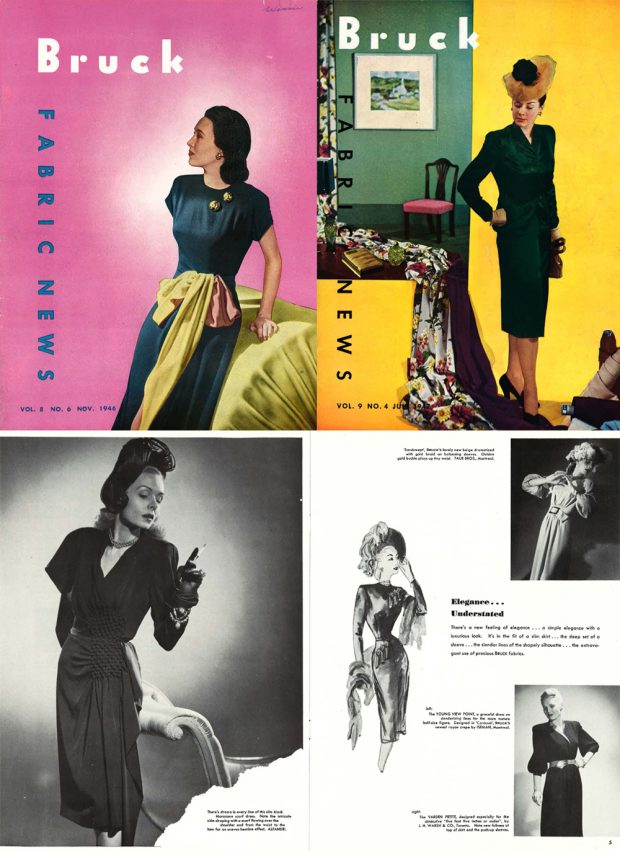 Montage de 4 pages incluant 2 pages couvertures et 2 pages intérieures du magazine Bruck Fabric News.