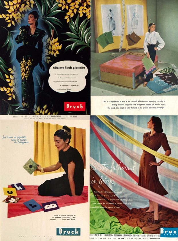 Montage de quatre pages couvertures du magazine de mode Bruck Fabric News en couleur.
