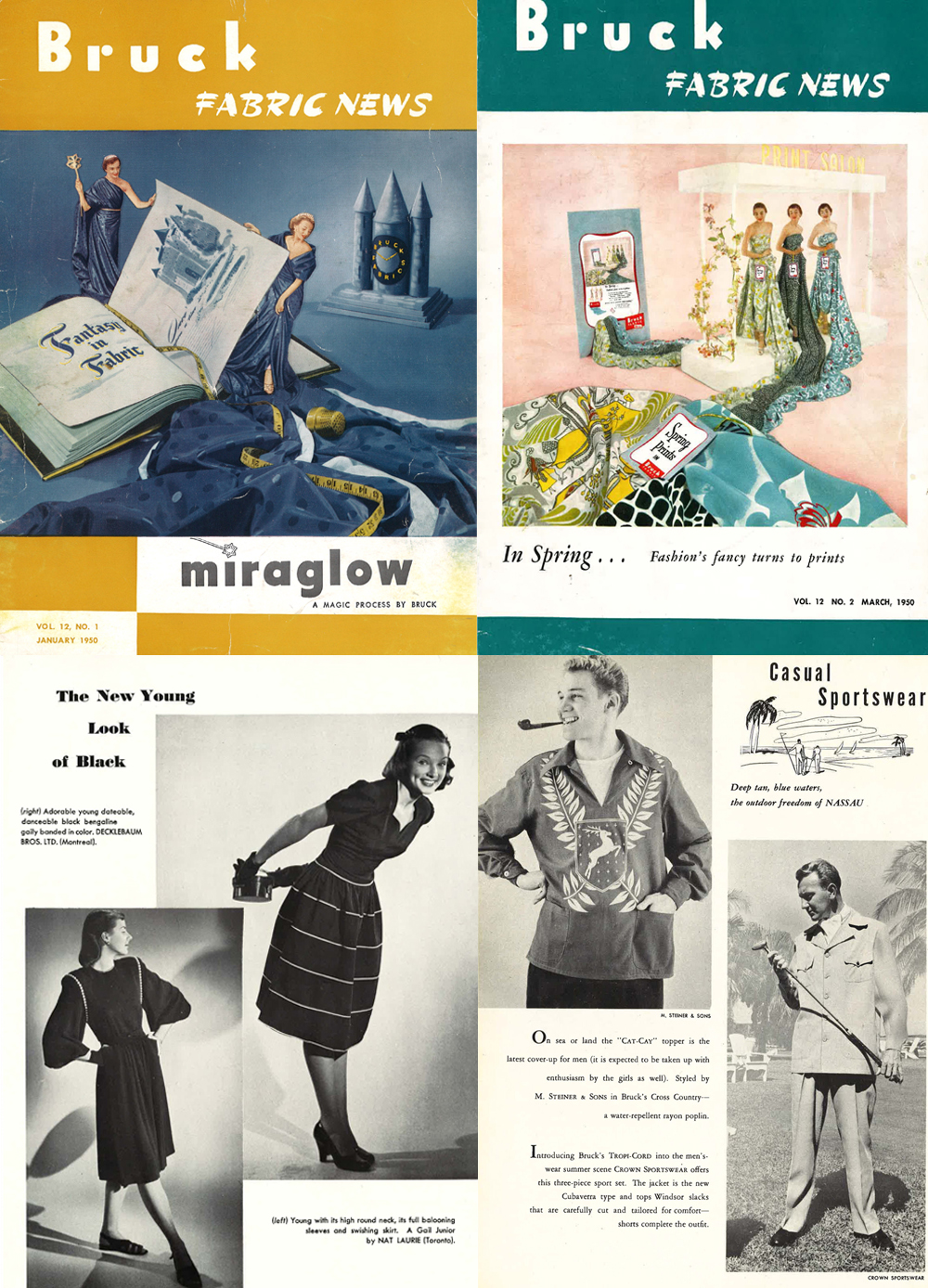 Montage de quatre pages du magazine de mode Bruck Fabric News incluant deux pages couvertures en couleur et deux pages intérieures  en noir et blanc.