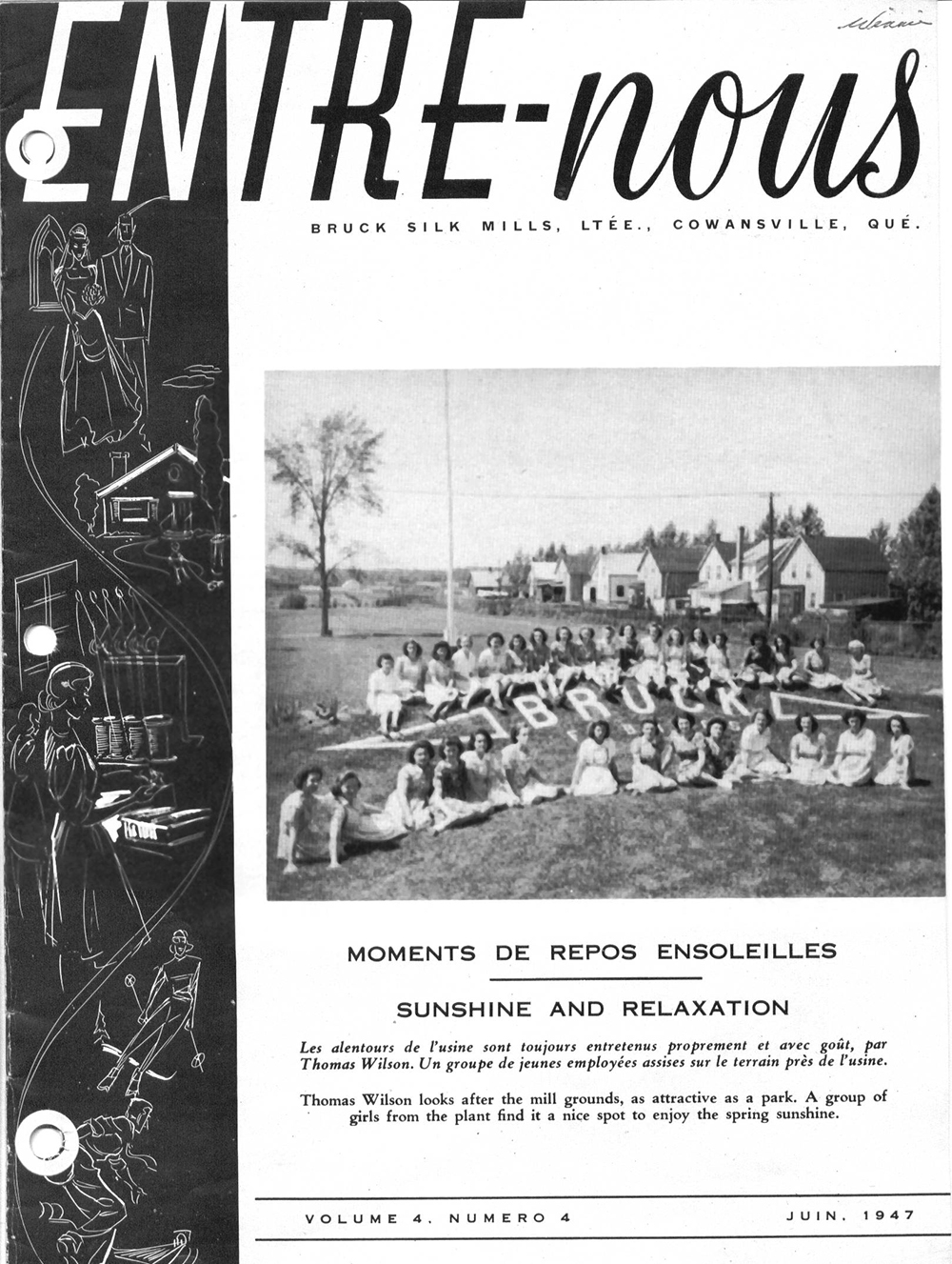 Page couverture du magazine Entre-Nous avec deux rangées de travailleuses assises sur l'herbe autour d'une platebande où on peut lire « Bruck »