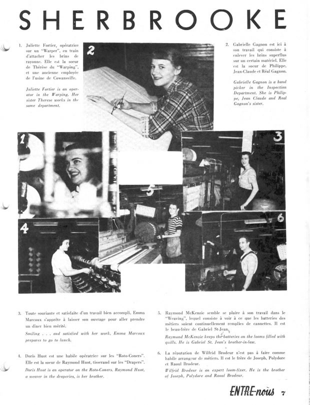Page de journal avec des photos d'ouvriers et d'ouvrières d'usine.