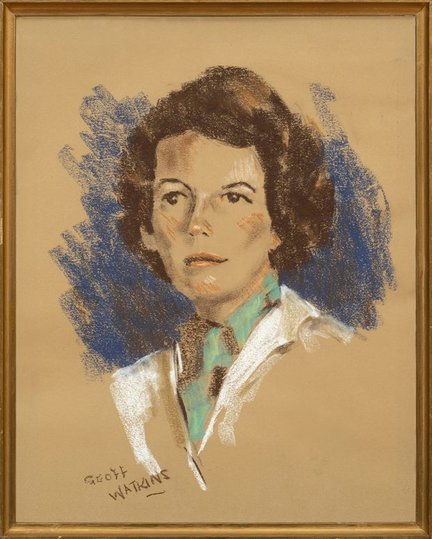Portrait d'une jeune femme au pastel signé Geof Watkins en bas à gauche.