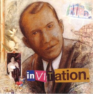 Color illustration with the portrait of a man (Gerald Bruck) in front of a montage of various images and a collage of letters spelling out the word invitation.