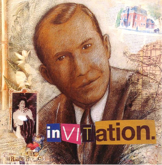 Illustration en couleur avec le portrait d'un homme (Gerald Bruck) devant un montage d'images diverses et un collage de lettres épelant le mot invitation. 