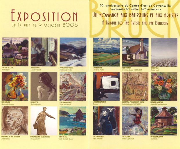 Dépliant promotionnel du 50e anniversaire du Centre d’art de Cowansville avec des images de plusieurs des tableaux en exposition.