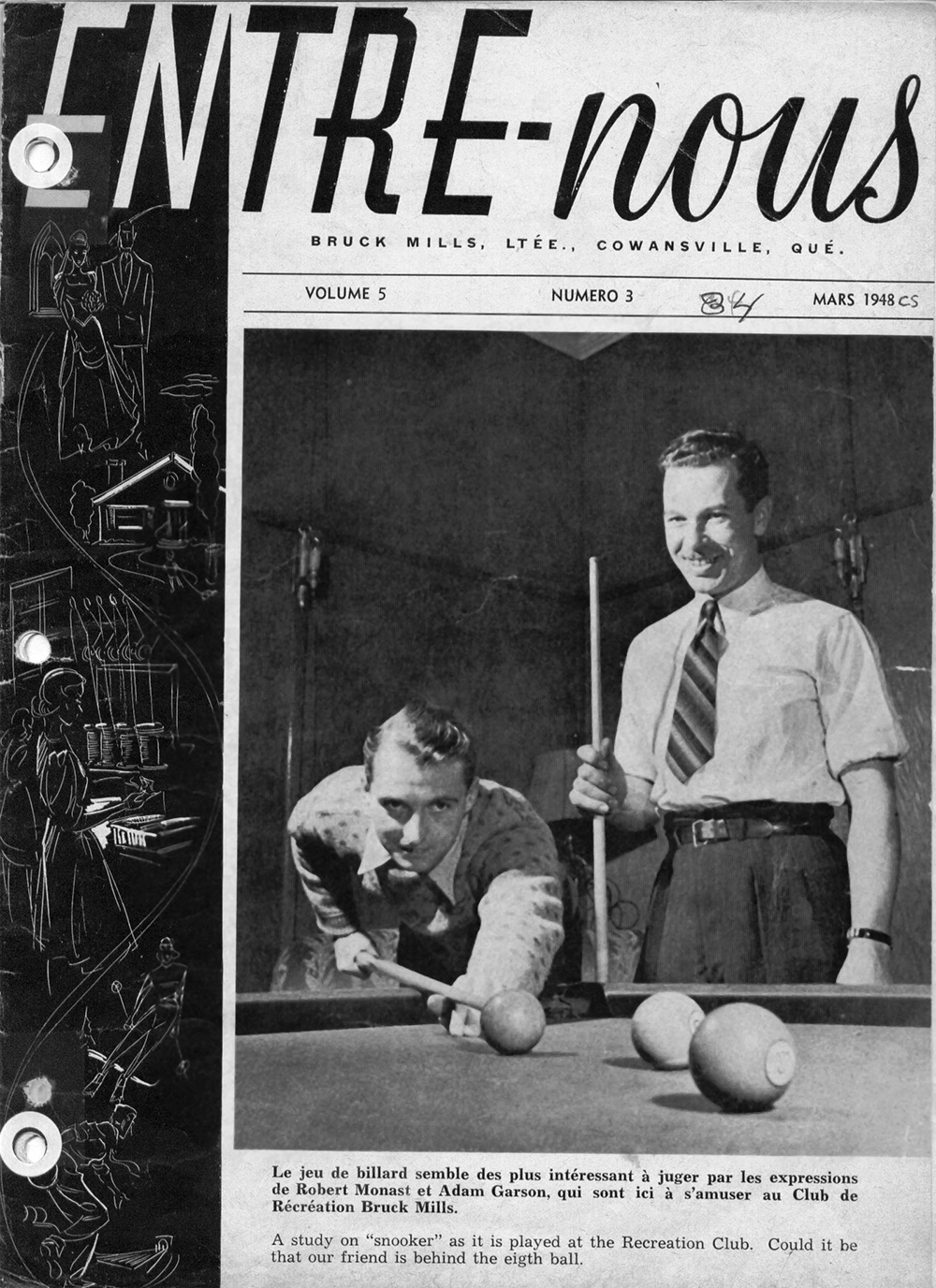 Page couverture du magazine Entre-Nous, Vol. 5 no 3, mars 1948 avec une photo de 2 hommes qui jouent au billard.