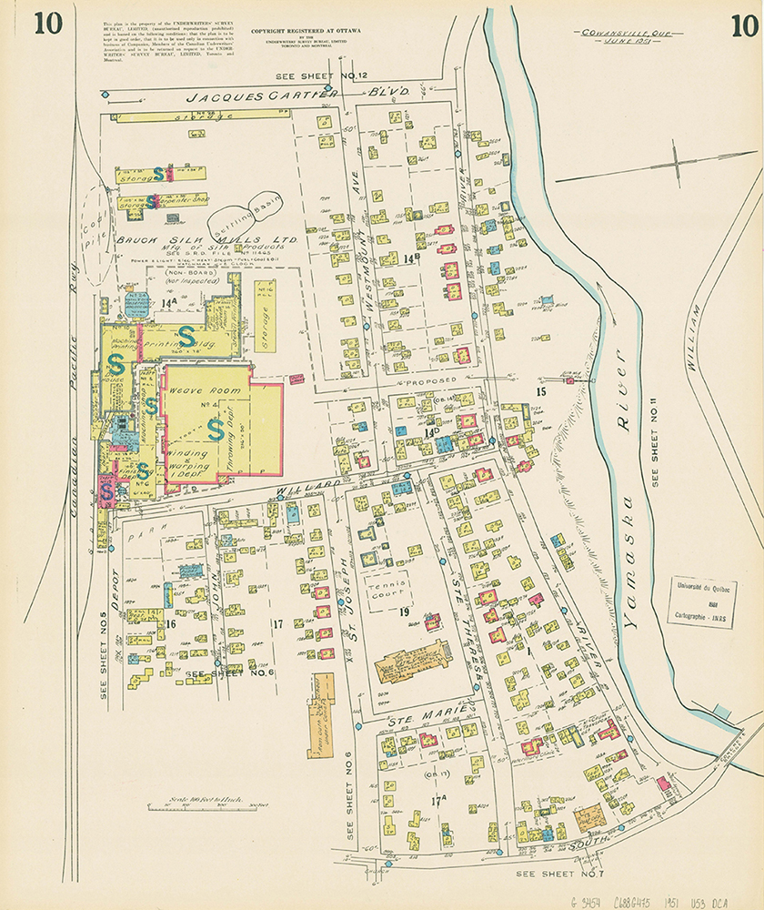 Plan cartographique en couleur avec dessins des bâtiments de l'usine Bruck