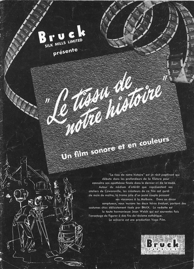 Affiche publicitaire noir et blanc avec bandes de film et titre « Le tissu de notre histoire »